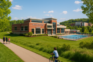 Boyce-Mayview Park trail near the C&RC with Siena at St. Clair beyond the treeline