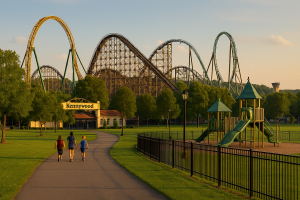 Kennywood roller coasters in West Mifflin at golden hour with a playground and walking path in the foreground