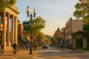 Forbes & Murray in Squirrel Hill at golden hour with the Carnegie Library, tree-lined storefronts, and a Frick Park gateway.