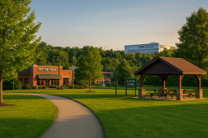 Knob Hill Park path and pavilion in Warrendale with Off The Hook and the UPMC Lemieux Sports Complex in the distance