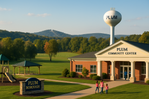 Plum Community Center and water tower with pavilion, playground, and Boyce Park slopes in the distance.