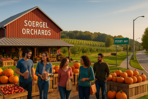 Soergel Orchards market and orchard rows along Perry Highway in Wexford at golden hour with shoppers and seasonal produce