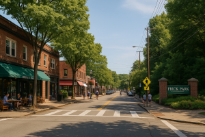 South Braddock Avenue in Regent Square with Biddle’s Escape and the Frick Park entrance under a tree-lined canopy.