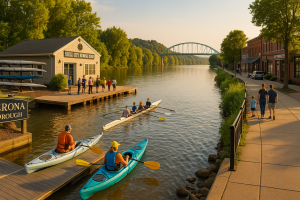 Verona Public Dock and Steel City Rowing Club on the Allegheny River at sunset, with kayakers launching and the Hulton Bridge in the distance