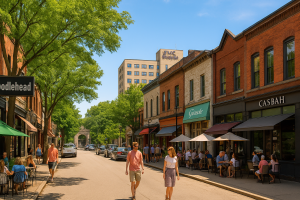 Walnut Street in Shadyside with café patios at Noodlehead, Girasole and Casbah, and UPMC Shadyside in the distance under a leafy canopy